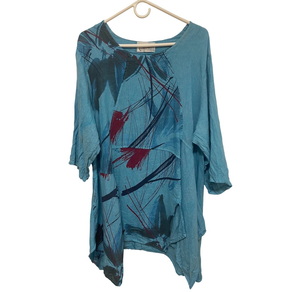 Trasparenze Italy Tunic Top Blue Linen Abstract Print Handkerchief Hem 1X